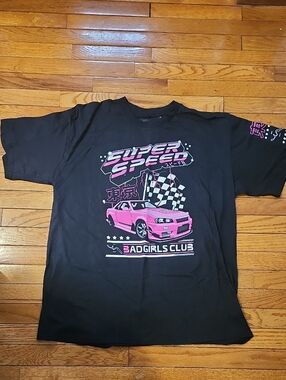 NWT! Rebellious One Black Tee with Pink 'Super Speed' Car Graphic; XL